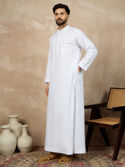 White Solid Mandarin Arabic Cotton Thobe For Men with Piping Detailing