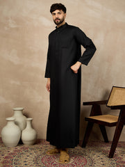 Men's Arabic Black Solid Mandarin Collar Cotton Thobe/Jubba