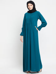 Bottle Green A-Line Abaya for Women with Black Georgette Hijab