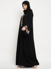 Embroidery Work Solid Loose Fit Black Abaya Burqa For Women With Black Georgette Scarf