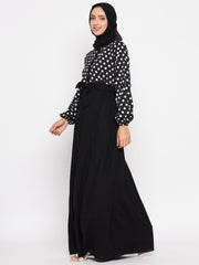 Black and White Polka Printed Crepe Abaya for Women with Black Georgette Hijab