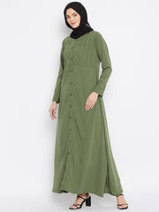 Solid Jade Green Plates Design Abaya Dress with Black Georgette Hijab