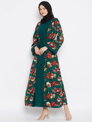 Bottle Green Floral Printed Shrug Attached Casual Abaya for Women With Black Georgette Scarf