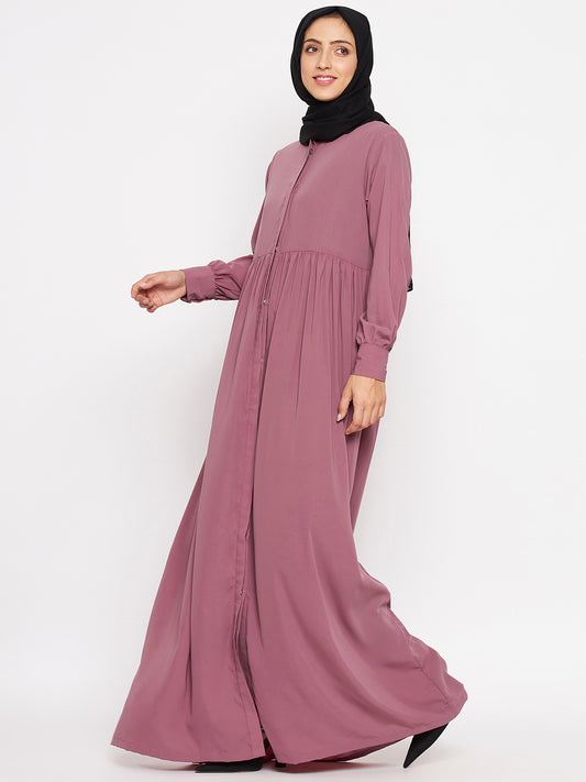 Puce Pink Front Open Frill Abaya Dress with Black Georgette Hijab