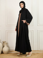 Black and Beige Solid Luxury Handworked Abaya Burqa with Black Georgette Hijab