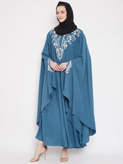 Sky Blue Chikan Hand Embroidered Irani Kaftan Abaya for Women with Black Georgette Hijab