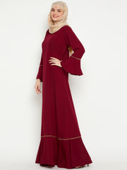 Maroon and Beige Piping Design A-Line Abaya for Women with Black Georgette Hijab