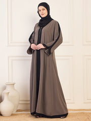 Grey Solid  Black Piping Detailing Aline Abaya Burqa With Black Georgette Hijab