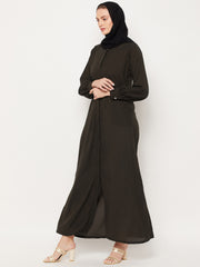 Front Open Olive Green Solid Mandarin Collar Abaya Burqa With Black Hijab