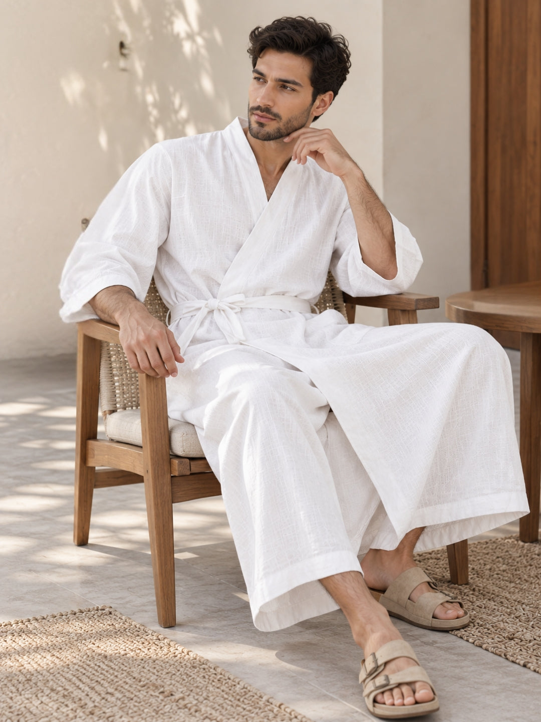 Men’s White Linen Wrap Robe Kaftan – Oversized Resort Wear