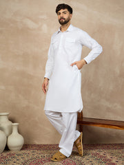 White Solid Cotton Pathani Kurta Pajama Set For Men