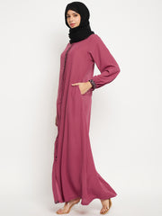 Embroidery Work Solid Women Pink Abaya Burqa With Black Georgette Scarf