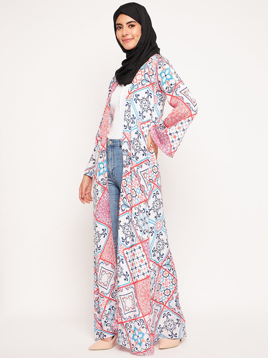 Multicolor Printed Front Open Shrug with Black Georgette Hijab