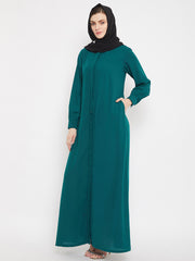 Front Open Bottle Green Solid Mandarin Collar Abaya Burqa With Black Hijab