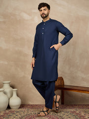 Blue Solid Cotton Pathani Kurta Pajama Set For Men