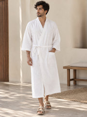 Men’s White Linen Wrap Robe Kaftan – Oversized Resort Wear