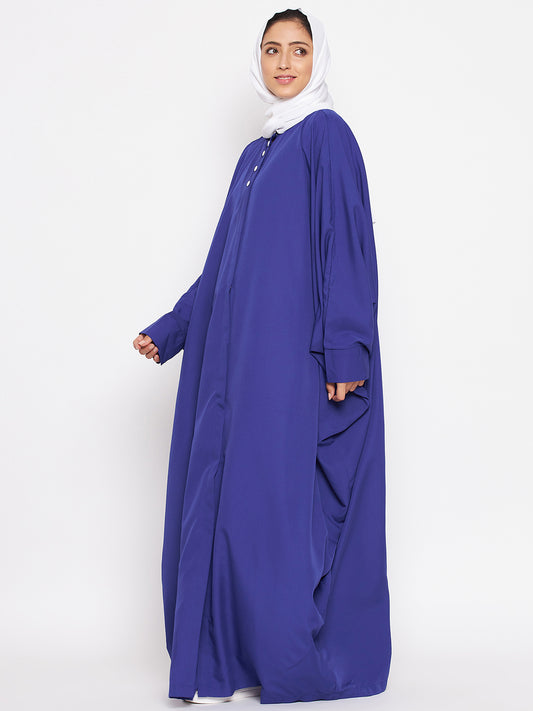 Front Open Royal Blue Solid Kaftan Abaya for Women with Black Georgette Hijab