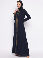 A-Line Blue Embroidery Design Abaya with Black Georgette Hijab