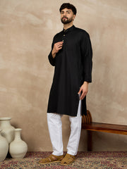 Black Solid Mandarin Collar Cotton Kurta For Men