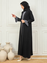 2 Piece Piping Detailing Solid Shrug Set Abaya with Black Georgette Hijab for Women