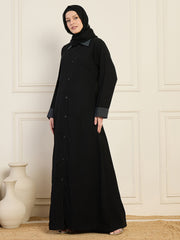 Front-Open Black Solid Collared Abaya with Black Georgette Hijab