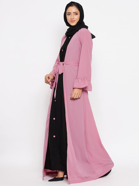 Puce Pink & Black Bell Sleeves Abaya for Women with Black Georgette Scarf