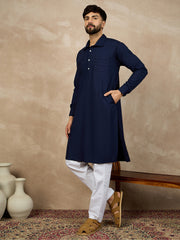 Blue Solid Shirt Collar Cotton Kurta For Men