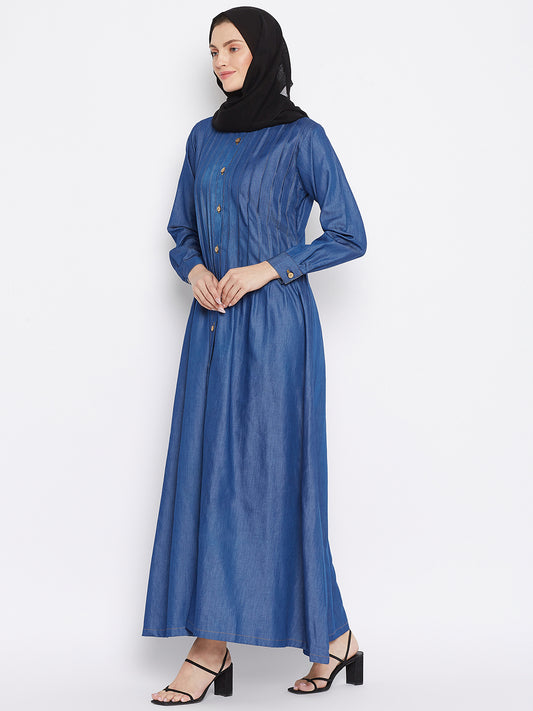 Blue Denim Front Open Plat Design Abaya with Black Georgette Hijab