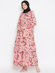 Pink Floral Printed Crepe 3 Frill Abaya Dress for Women with Black Georgette Hijab