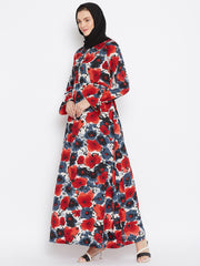 Red Floral Printed Crepe Abaya Dress with Black Georgette Hijab