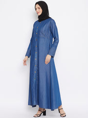 Solid Blue Plates Design Abaya Dress with Black Georgette Hijab