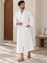 Men’s White Linen Wrap Robe Kaftan – Oversized Resort Wear