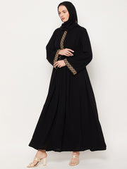 Solid Black Embroidery Design Abaya Dress with Black Georgette Hijab