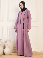 Zip-Closure Piping Detailing Pink Solid Abaya Burqa With Black Georgette Hijab