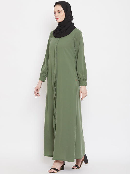 Front Open Jade Green Solid Mandarin Collar Abaya Burqa With Black Hijab