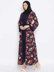 Blue and Red Floral Printed Shrug Attached Casual Abaya for Women With Black Georgette Scarf