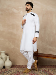 White Solid Mandarin Collar Cotton Kurta For Men With Piping Detailing