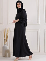 Front Open Zip-Closure Black Abaya Burqa Paired With Black Georgette Hijab