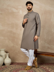 Grey Solid Mandarin Collar Cotton Kurta For Men