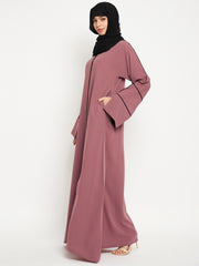 Pink A-Line Black Piping Design Abaya for Women with Black Georgette Hijab