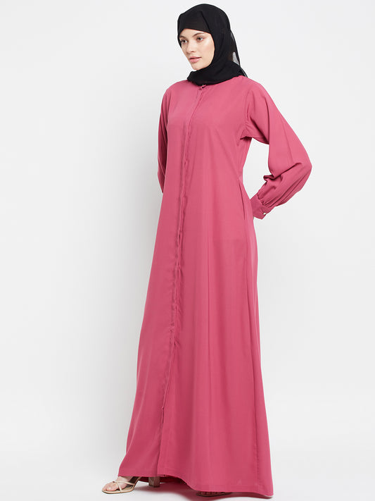 Front Open Pink Solid Mandarin Collar Abaya Burqa With Black Hijab