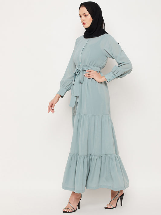 Frilled Sea Green Abaya Burqa For Women With Belt and Black Hijab