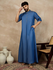 Blue Solid Half Sleeve Denim Arabic Thobe/Jubba For Men