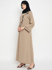 Beige Solid Luxury Abaya Burqa with Hand Work Detailing and Bell Sleeves for Women