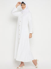 Front Open Rayon Solid White Abaya suitable for Umrah / Hajj with Black Hijab