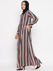 Brown Stripe Front Open Abaya for Women with Black Georgette Scarf