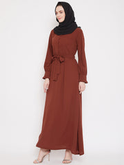 Rust Solid Nida Matte Fabric Abaya Dress For Women With Black Georgette Hijab