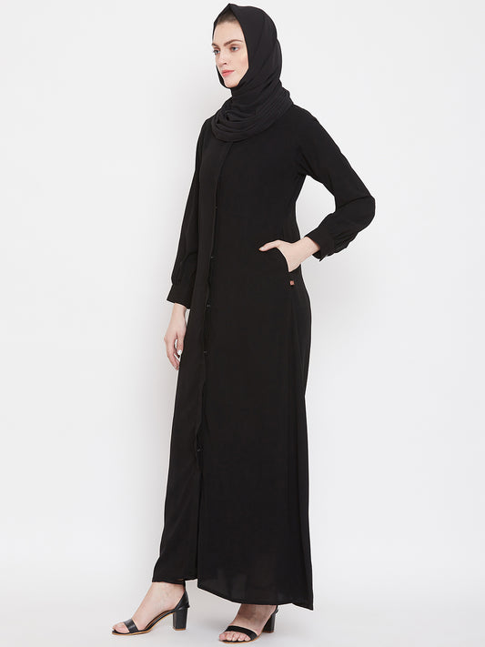 Front Open Black Solid Mandarin Collar Abaya Burqa With Black Hijab