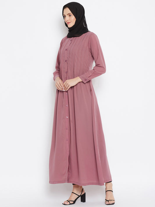 Solid Pink Front Open Plat Design Abaya with Black Georgette Hijab