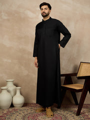 Black Solid Cotton Mandarin Collar Arabic Thobe / Jubba For Men